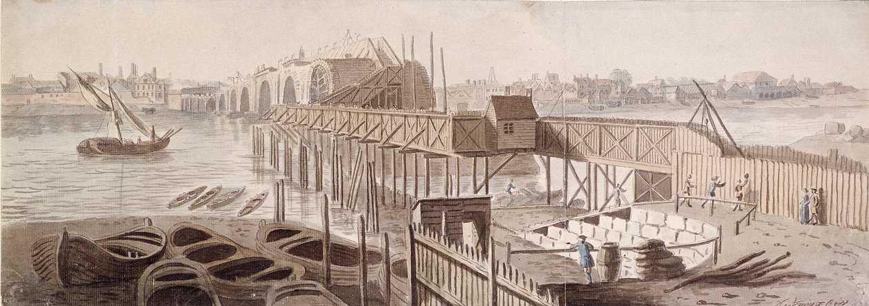 Blackfriarsin sillan rakentaminen, c1762 tekijältä Francis Grose