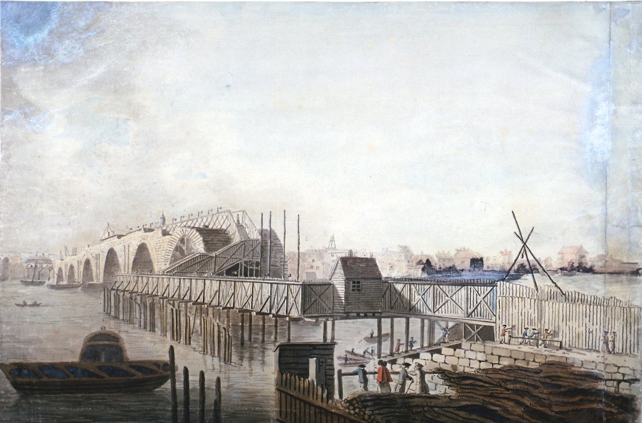 Näkymä väliaikaisesta sillasta Blackfriarsissa, Lontoossa, 1762 tekijältä Francis Grose