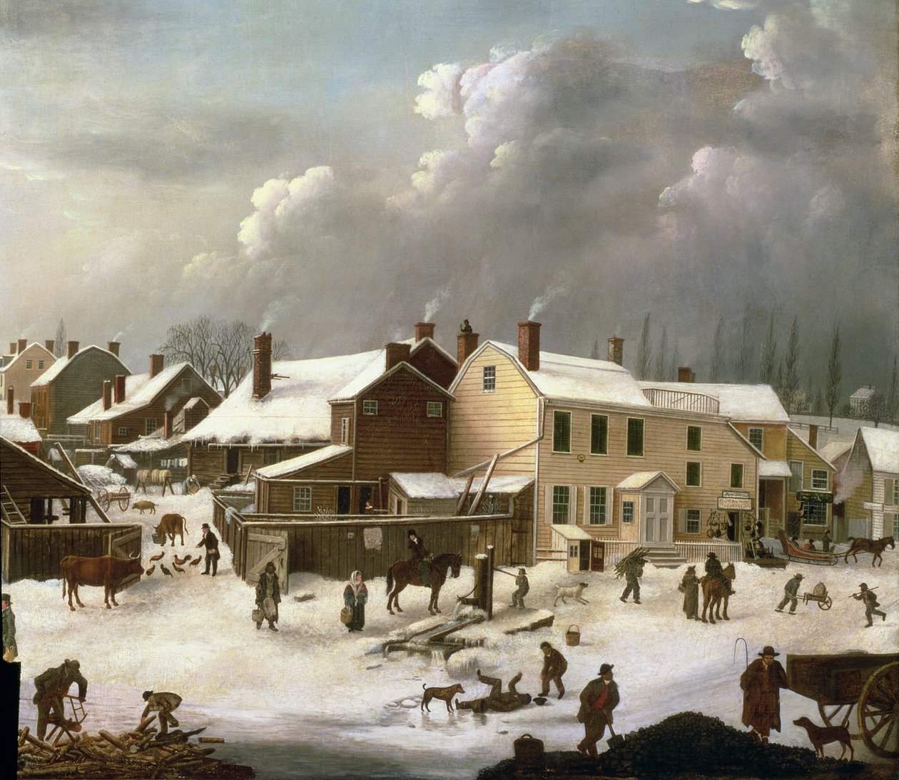 Talvimaisema Brooklynissa, yksityiskohta kadusta ja postitoimistosta, n. 1817-20 (84498:n yksityiskohta) tekijältä Francis Guy