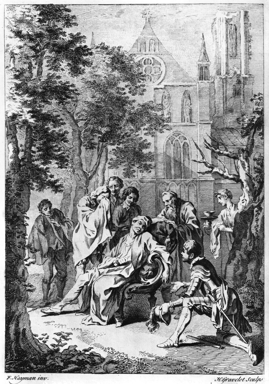 V näytös kohtaus vii William Shakespearen (1564-1616) "Kuningas Johnista" kaivertanut Hubert Gravelot (1699-1773) tekijältä Francis Hayman
