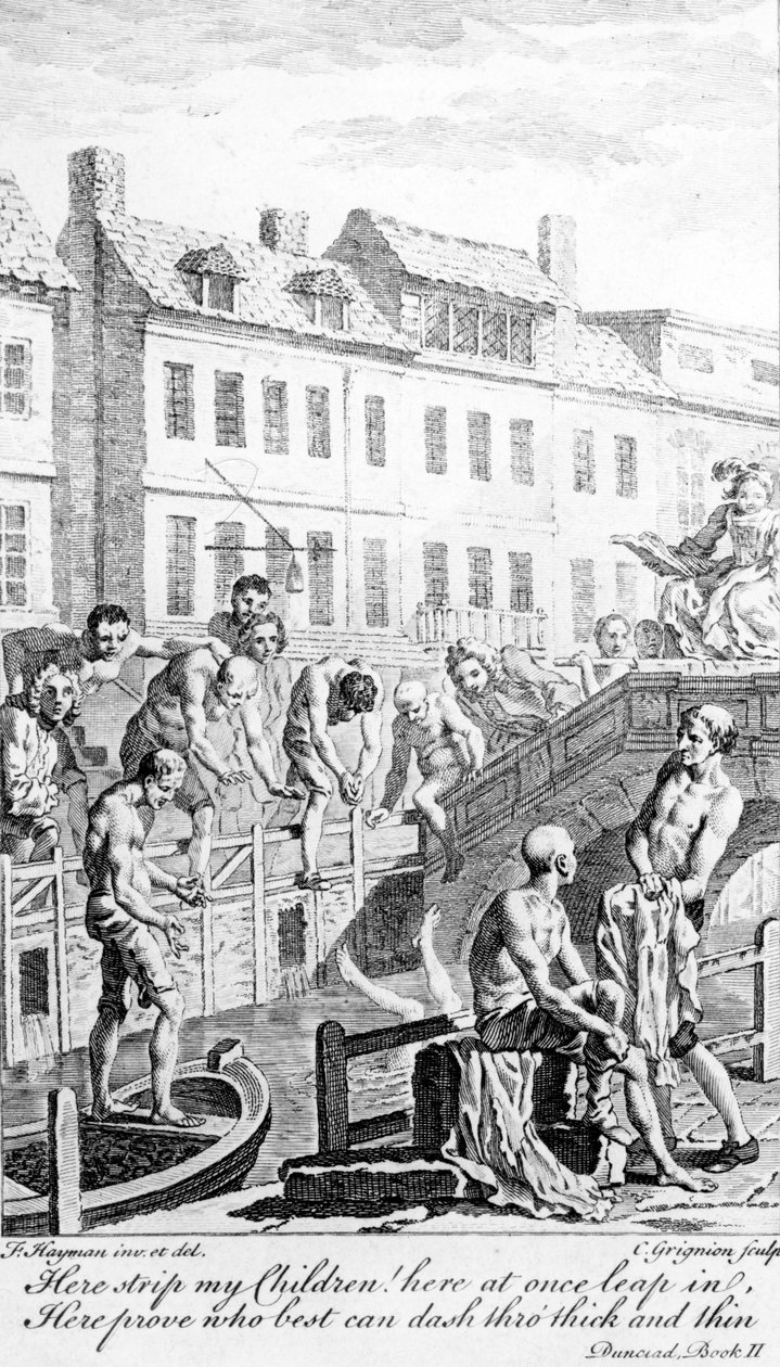 Uimassa jokilaivastossa, lainaus Alexander Popen "Dunciadista", kaiverrettu Charles Grignion, n. 1750 tekijältä Francis Hayman