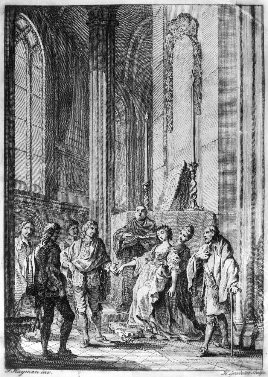 Claudio syyttää sankaria uskottomuudesta, näytös IV kohtaus i William Shakespearen (1565-1616) "Paljon melua tyhjästä" -kaiverruksesta Hubert Gravelot (1699-1773) tekijältä Francis Hayman