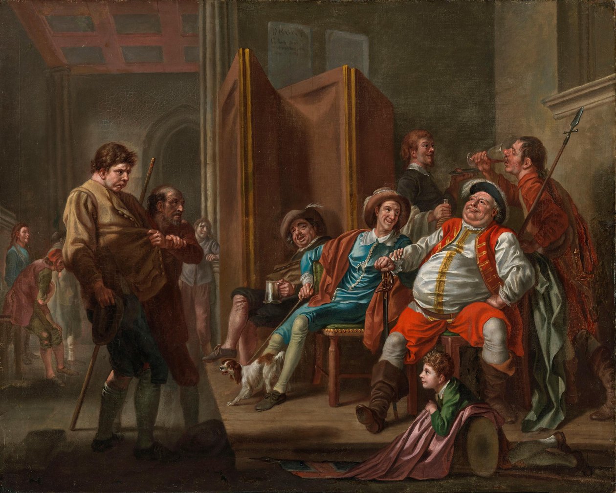 Falstaff värvää alokkaita Shakespearen näytelmästä "Henrik IV", osa II, näytös III tekijältä Francis Hayman