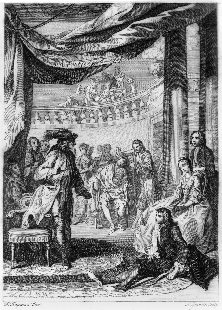 Näytelmäkohtaus William Shakespearen (1564-1616) Hamletista, kaiverrettu Hubert Gravelot (1699-1773) tekijältä Francis Hayman