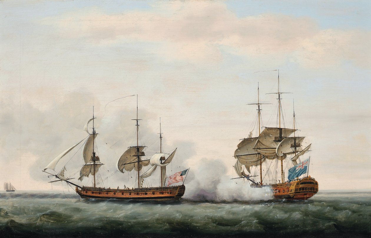 East India Companyn laiva Bridgewater puolusti onnistuneesti lastiaan amerikkalaisen yksityismiehen Hampdenin hyökkäykseltä matkalla St. Helenasta Englantiin 8. maaliskuuta 1779 tekijältä Francis Holman