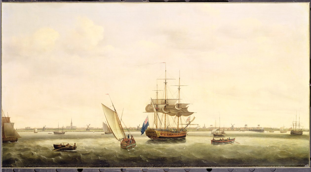 Fregatti "Yllätys" ankkurissa Great Yarmouthin edustalla, Norfolk, n. 1775 tekijältä Francis Holman