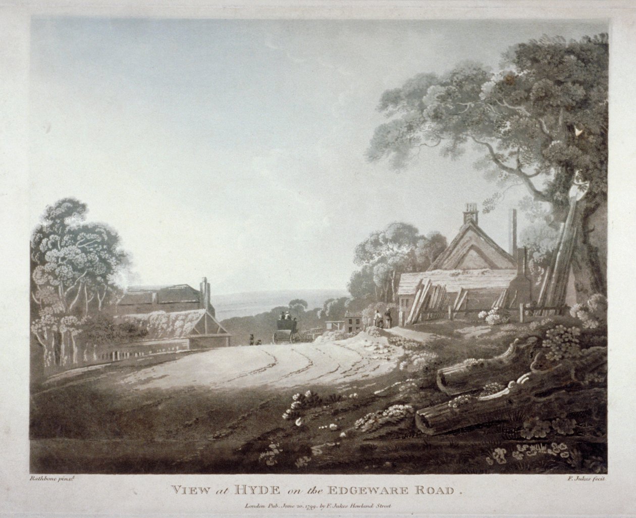 Hevoskärryt katoavat kukkulan yli Edgware Roadilla Lontoossa, 1799 tekijältä Francis Jukes