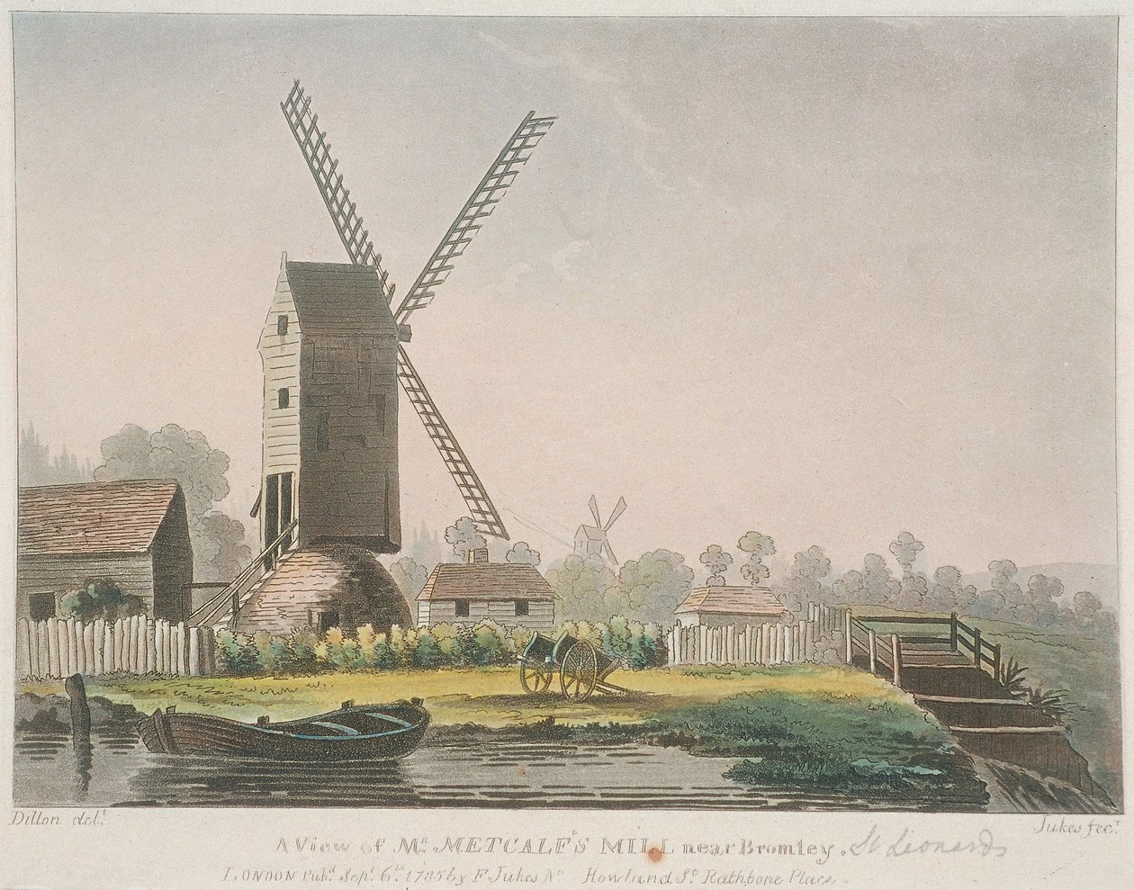 "Näkymä Mr Metcalfin tehtaalle lähellä Bromleyta", Bow, Poplar, Lontoo, 1785 tekijältä Francis Jukes