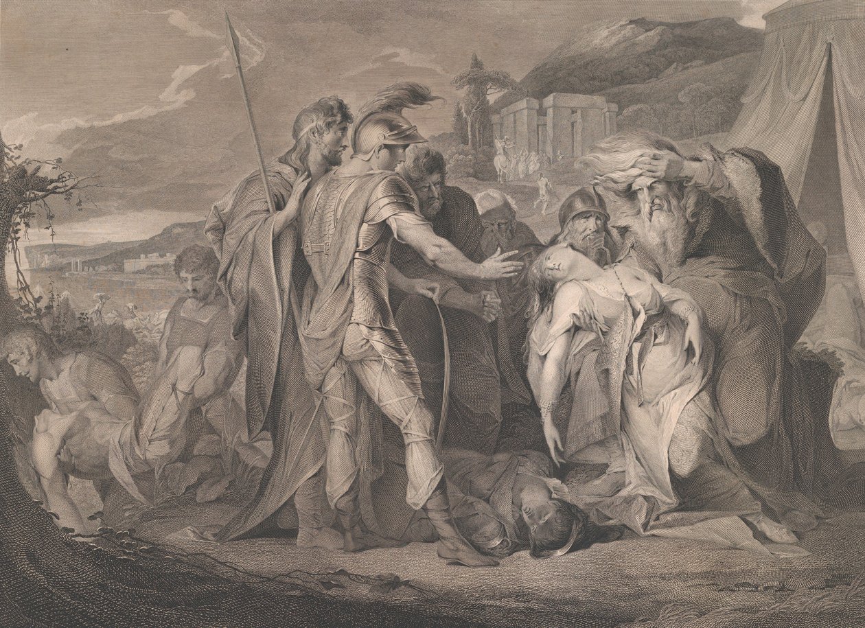Kuningas Lear itkee Cordelia Shakespearen ruumista, Kuningas Lear, näytös 5, kohtaus..., 1. elokuuta 1792. tekijältä Francis Legat