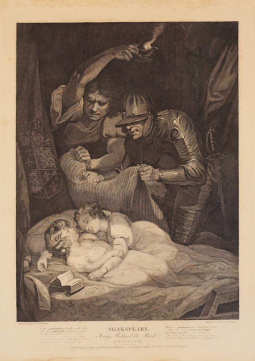 Edward V:n ja hänen nuoremman veljensä, Yorkin herttuan salamurha. William Shakespearen "Richard III", näytös 4, kohtaus 3 tekijältä Francis Legat