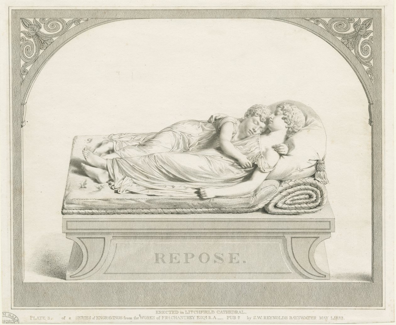 Lichfield Cathedral - "Nukkuvat lapset": kaiverrus ja [c 1823] (painettu) tekijältä Francis Legatt Chantrey