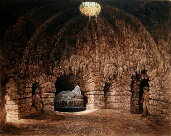 Stourheadin luolan sisätilat (akvarelli paperille) tekijältä Francis Nicholson