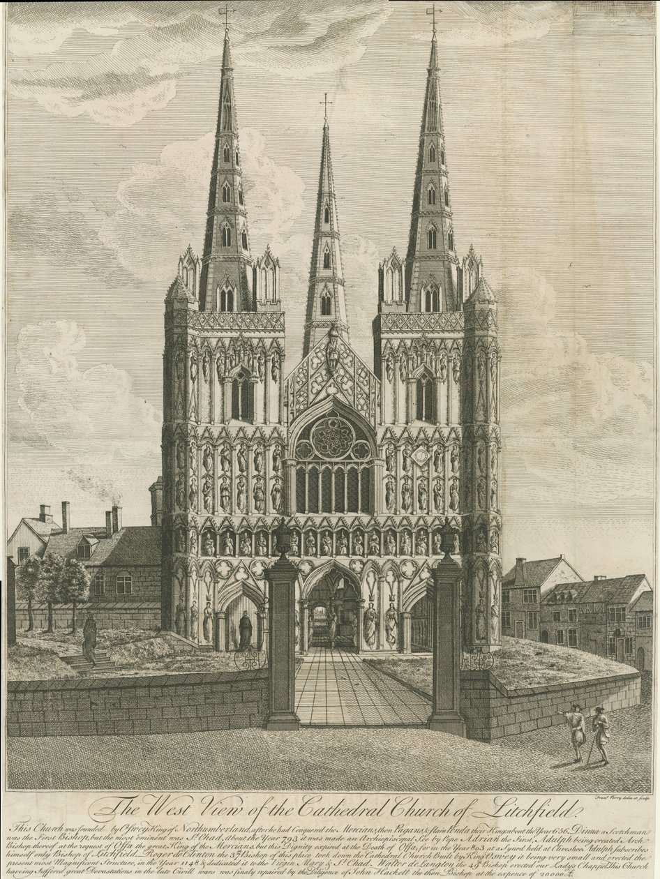 Lichfield Cathedral - West Front: kaiverrus ja [1700-luku] (painettu) tekijältä Francis Perry