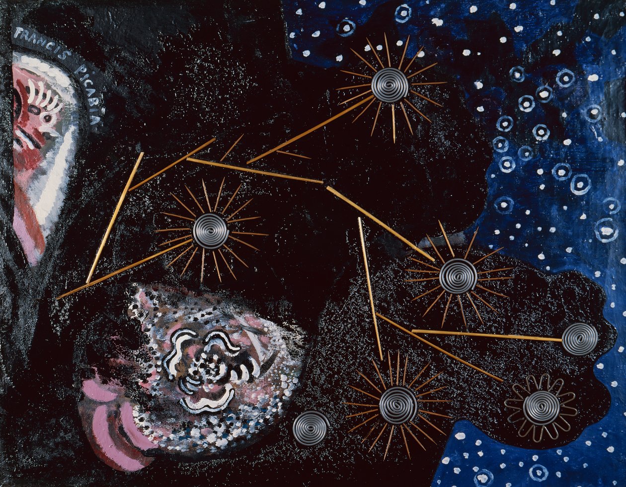 Flirtti (ripoliini, hammastikkuja, olkia, niittejä ja lyijylankaa kankaalle). tekijältä Francis Picabia