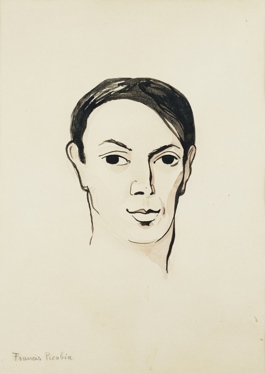 Pablo Picasson muotokuva; Portrait de Pablo Picasso, noin 1902-1905 (akvarelli, sivellin, musta muste ja lyijykynä paperille). tekijältä Francis Picabia