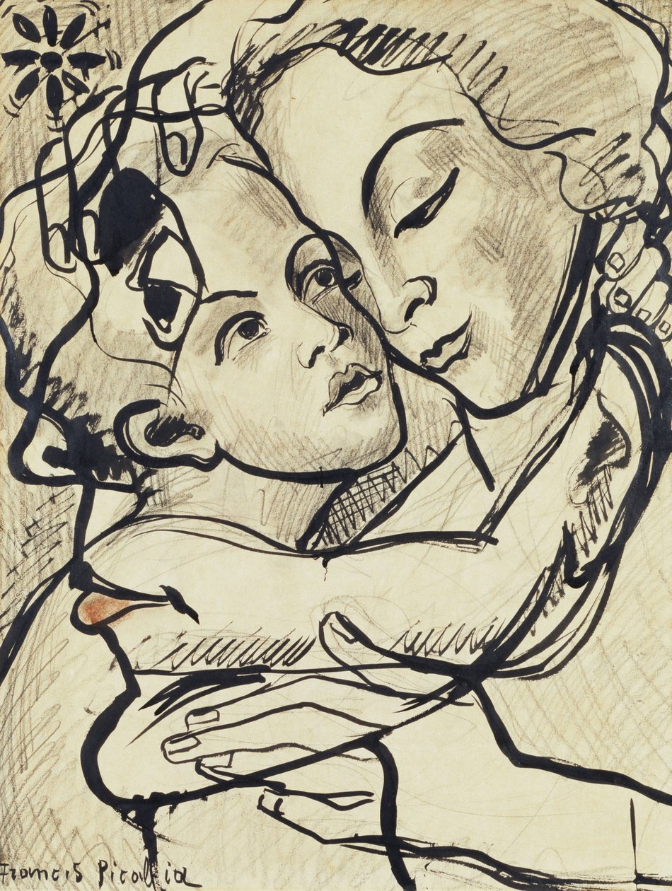 Läpinäkyvyys (Äitiys), n.1931-32 (hiili, sivellin ja tussi paperille). tekijältä Francis Picabia