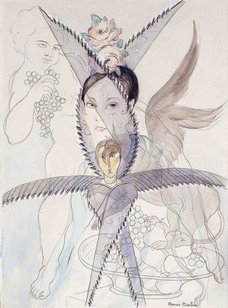 Läpinäkyvyys - Pää ja siivekäs hevonen; Transparence - Tete et Cheval Aile, n.1928 (vesiväri, guassi, musta liitu ja lyijykynä paperille). tekijältä Francis Picabia