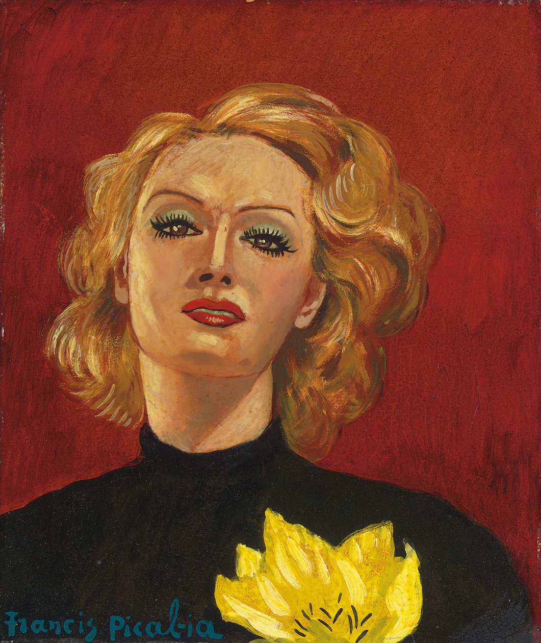 Nainen keltaisen kukan kanssa, n. 1941-2 (öljy kartongille). tekijältä Francis Picabia