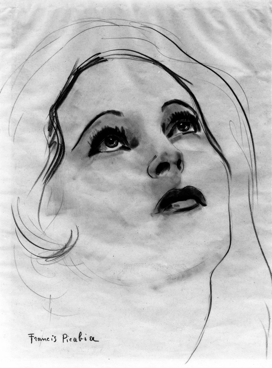 Naisen kasvot, silmät koholla, Francis Picabia (1879-1953); grafiittikynä ja akvarelli paperille. tekijältä Francis Picabia