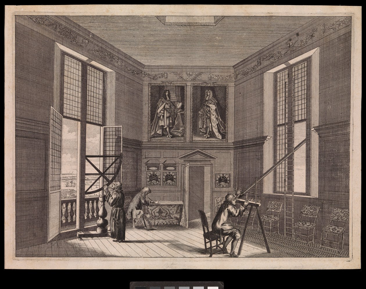 Kolme hahmoa käyttämässä tähtitieteellisiä laitteita Kuninkaallisen observatorion suuressa tähtihuoneessa tai Octagon-huoneessa, kuten se nykyään tunnetaan, noin 1676 (kaiverrus). tekijältä Francis Place