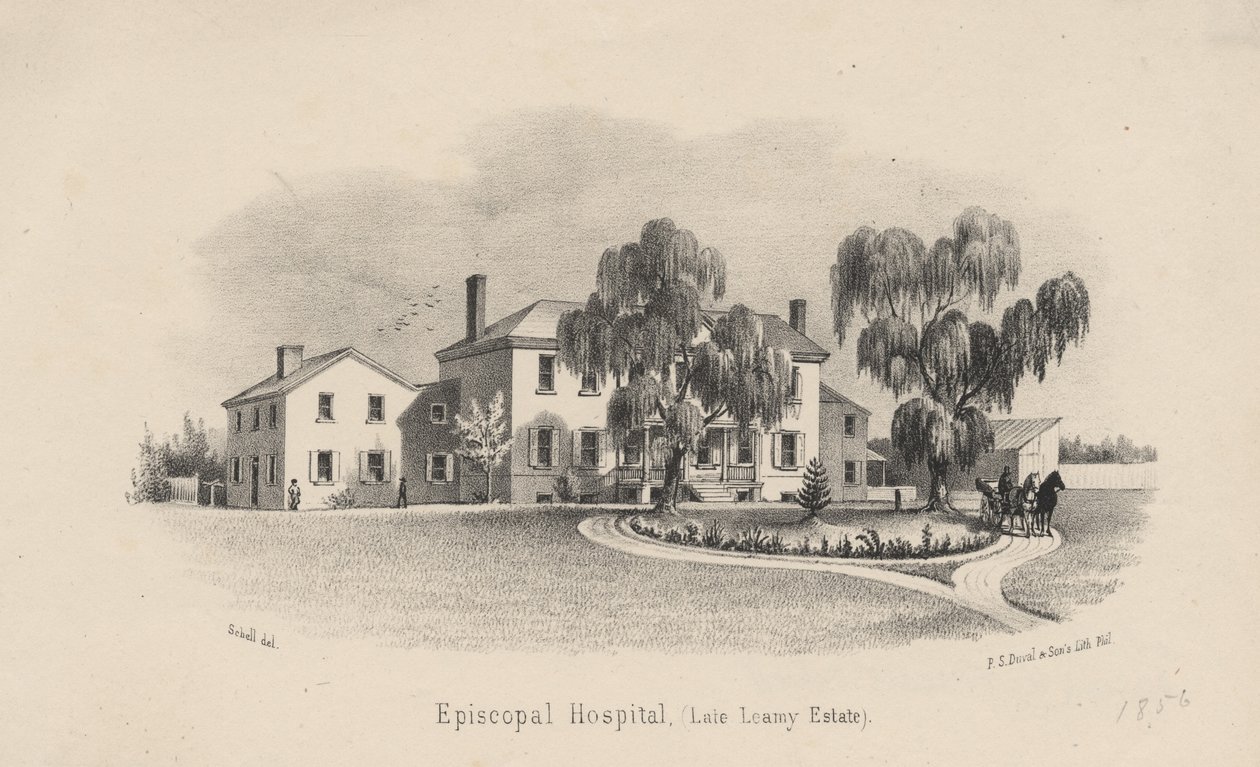 Episcopal Hospital, litho by P.S. Duval ja poika, 1856 tekijältä Francis Schell