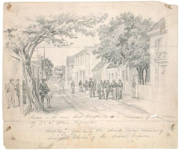 "Main Street, Hampton, Virginia... tykistö vartioi katua" n. 1860 (kynä paperilla) tekijältä Francis Schell