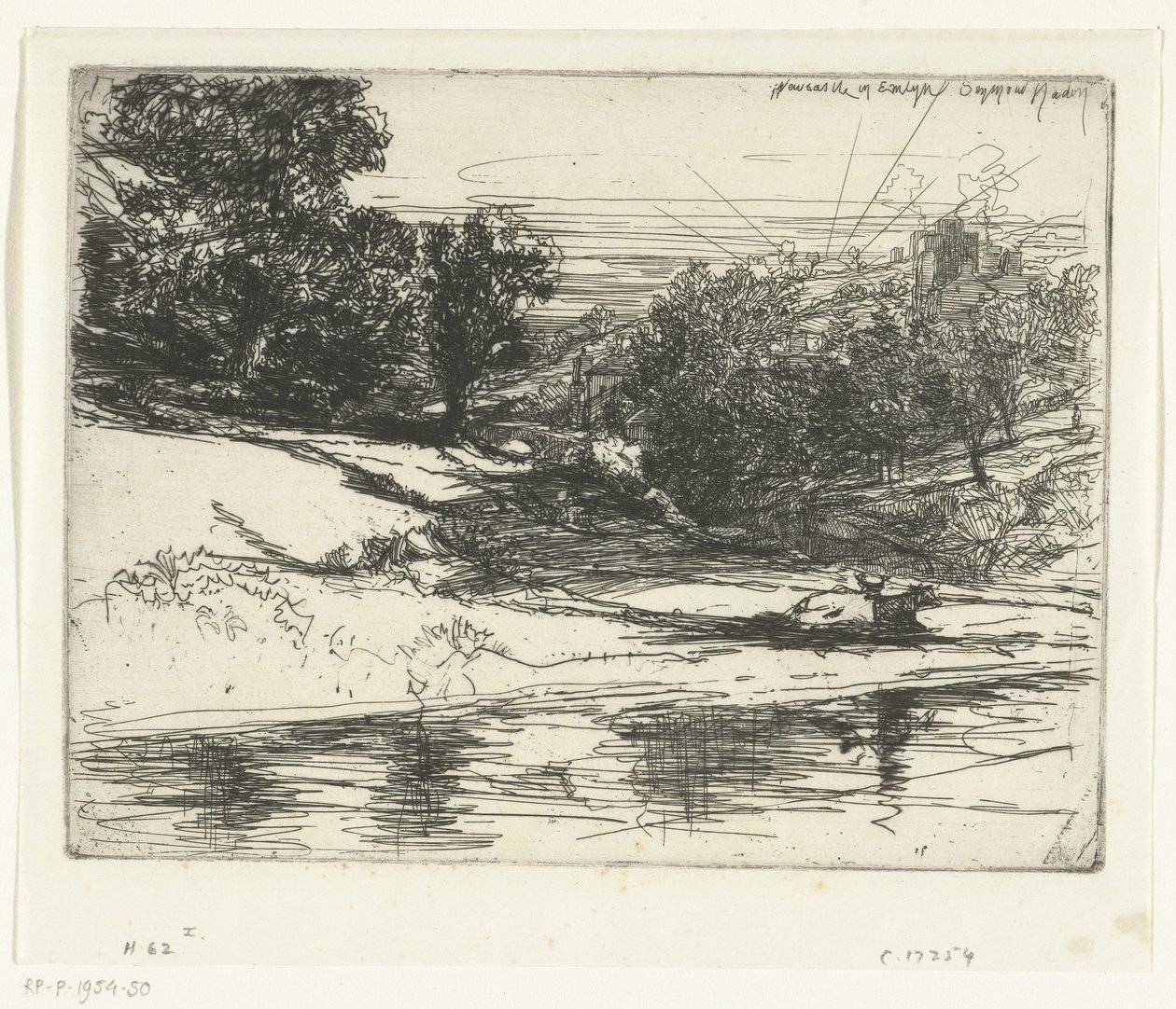 Uuden linnan maisema Walesissa Newcastle Emlynissä (otsikko esineessä) tekijältä Francis Seymour Haden (Sir) (signed by artist)