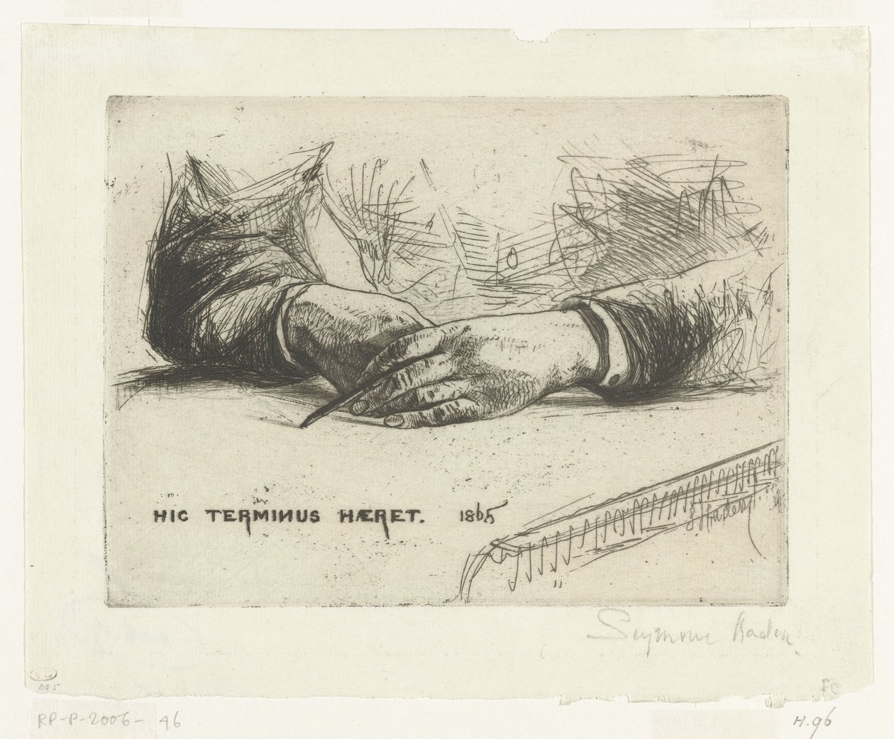 Kaksi kättä, piirtäminen liidulla Kädet pitelevät värikynää Hic Terminus Haeret (otsikko esineessä) tekijältä Francis Seymour Haden (Sir) (signed by artist)