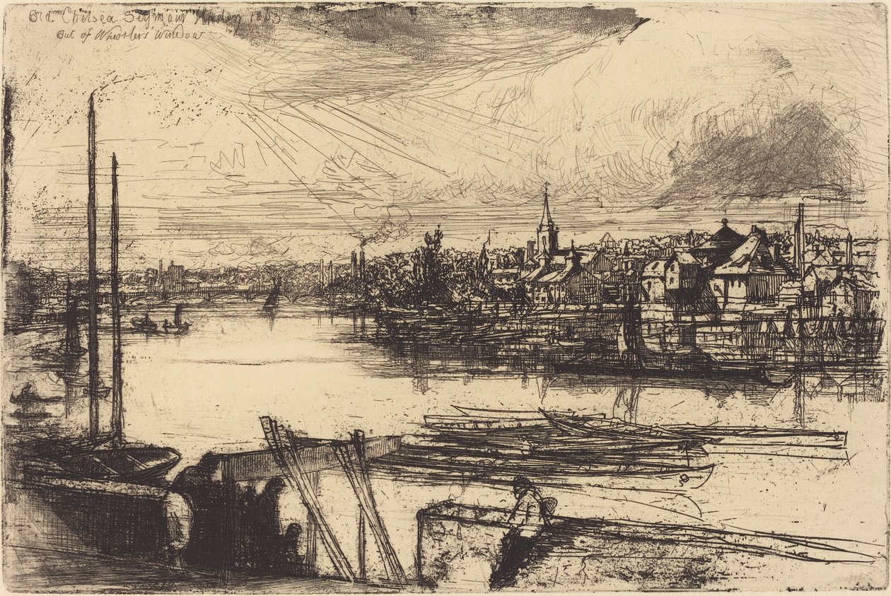 aVanha Chelsea, ulkona Whistlerin ikkunasta (Battersea Reach) tekijältä Francis Seymour Haden
