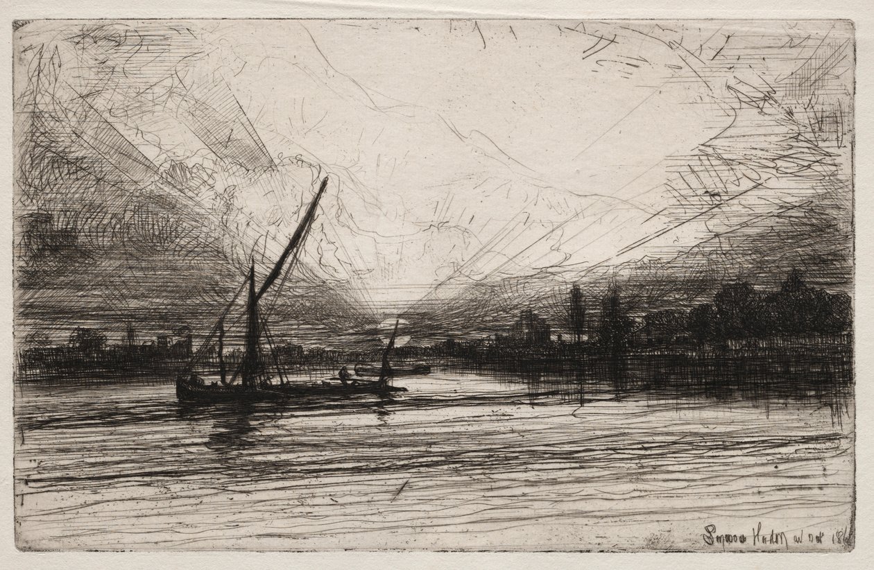 Auringonlasku Thamesilla, 1862. tekijältä Francis Seymour Haden