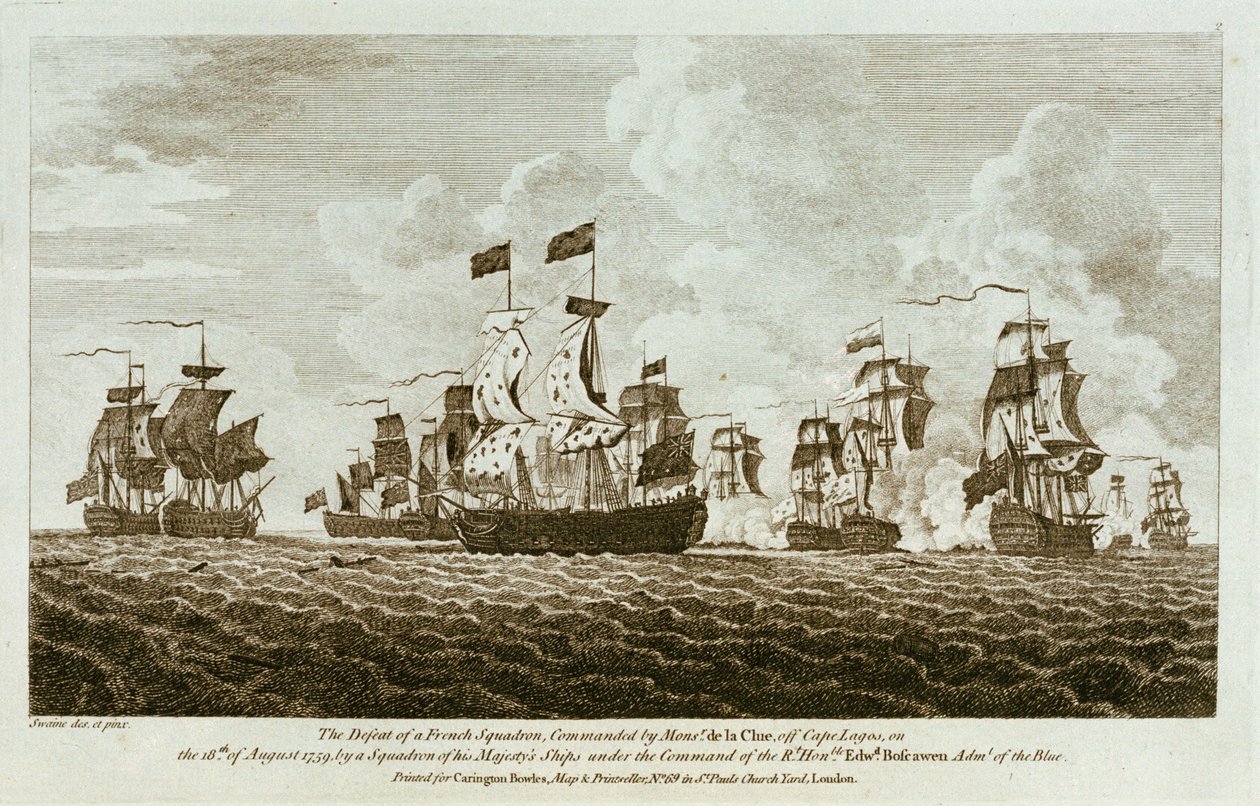 "Kaksitoista vedosta merisitoumuksista. Ranskan laivueen, jota komensi Monsr de la Clue, tappio Cape Lagosin edustalla elokuun 18. päivänä 1759 hänen majesteettinsa alusten laivueella, jota komensi Rt Honble Edwd. Boscawen Adml of the Blue" johdolla. tekijältä Francis Swaine
