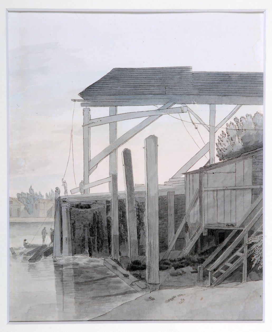 A Wharf, n. 1800 (kynä ja muste vesivärillä paperilla) tekijältä Francis Towne