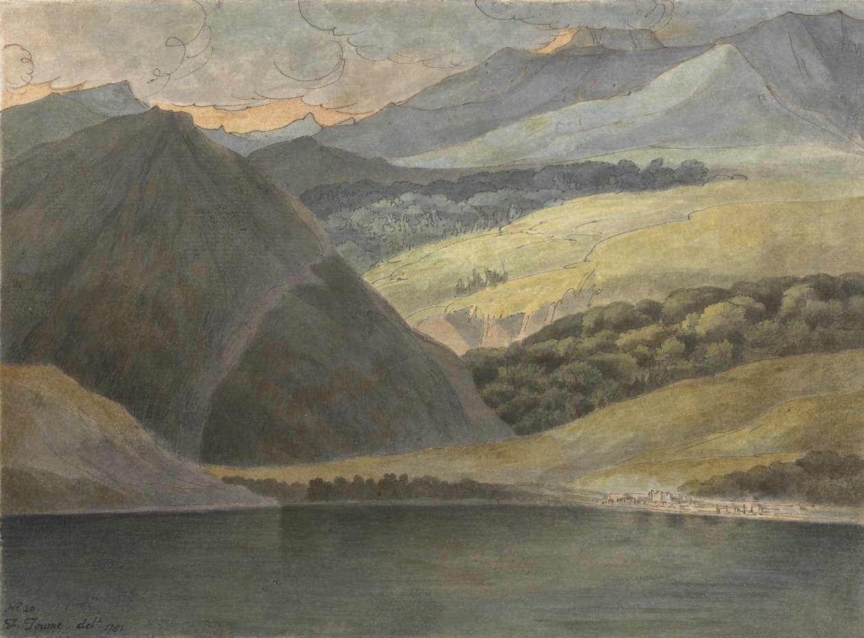 Näkymä Maggiore-järvelle illalla, 1781 (kynä ja muste wc:llä paperilla) tekijältä Francis Towne