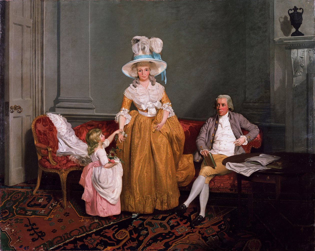 Perheryhmä, isä istuu, äiti ja tytär seisovat sisätiloissa, 1700-luku tekijältä Francis Wheatley