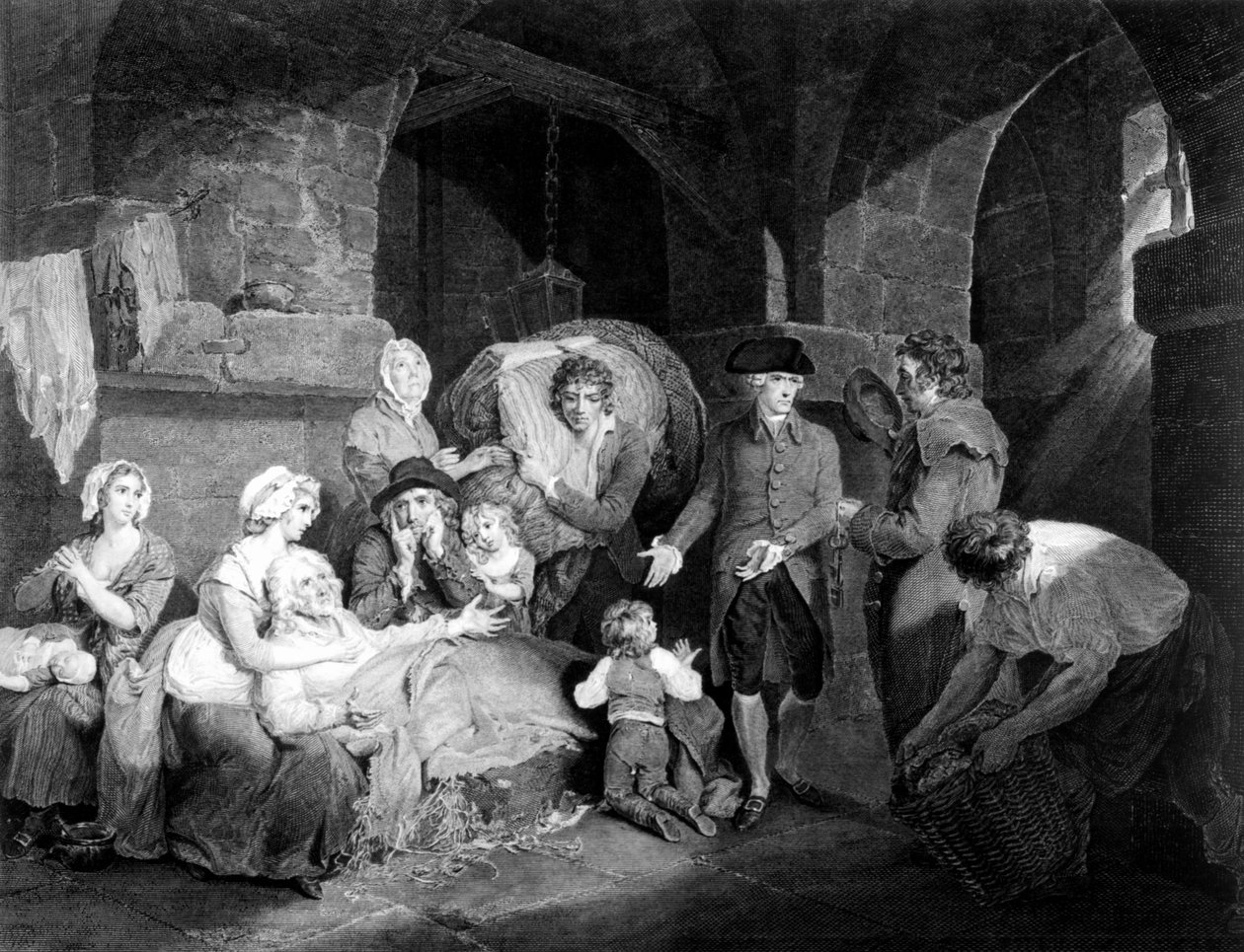 John Howard Esq. (1726-1790) Vierailu ja lievittää vankilan kurjuutta, kaiverrus James Hogg, 1790 tekijältä Francis Wheatley