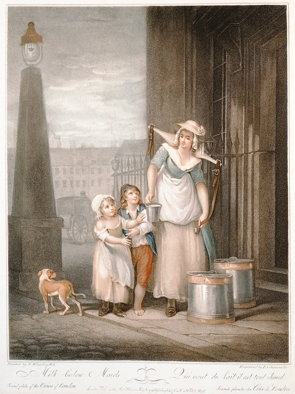 Maito Maidsin alla, The Cries of Londonin levy 2, kaiverrus Luigi Schiavonetti (1765-1810), pub. Colnaghi und Co., 1793 (pistekaiverrus) tekijältä Francis Wheatley