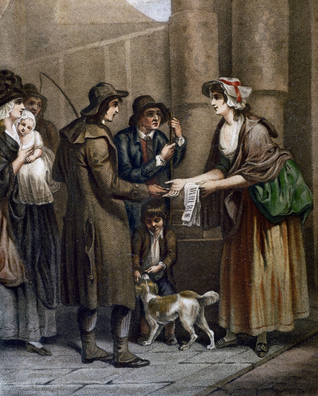 Uusien kappaleiden nuottien myyjä, kaiverrus Francis Wheatley (1747-1801) Criesistä Lontoossa, Yhdistyneessä kuningaskunnassa tekijältä Francis Wheatley