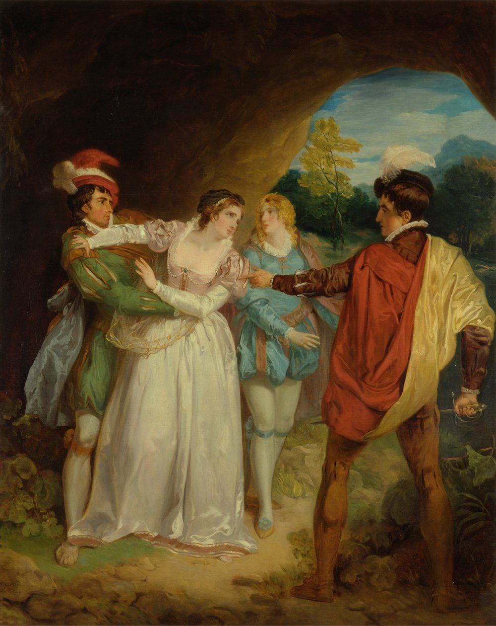 Valentine pelastamassa Sylviaa Proteuksesta Shakespearen teoksesta "The Two Gentlemen of Verona", näytös V, kohtaus 4, lainsuojattomien luola tekijältä Francis Wheatley