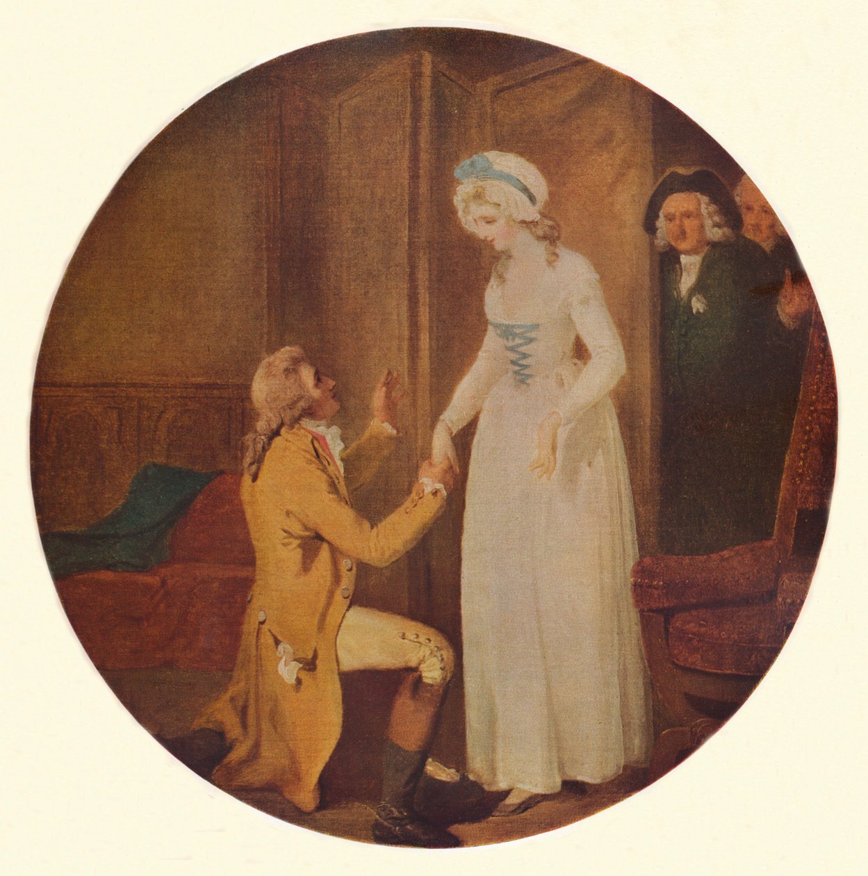 Nuori Marlow ja neiti Hardcastle: Oliver Goldsmith Act V, Sc kohtaus elokuvasta She Stoops to Conquer tekijältä Francis Wheatley