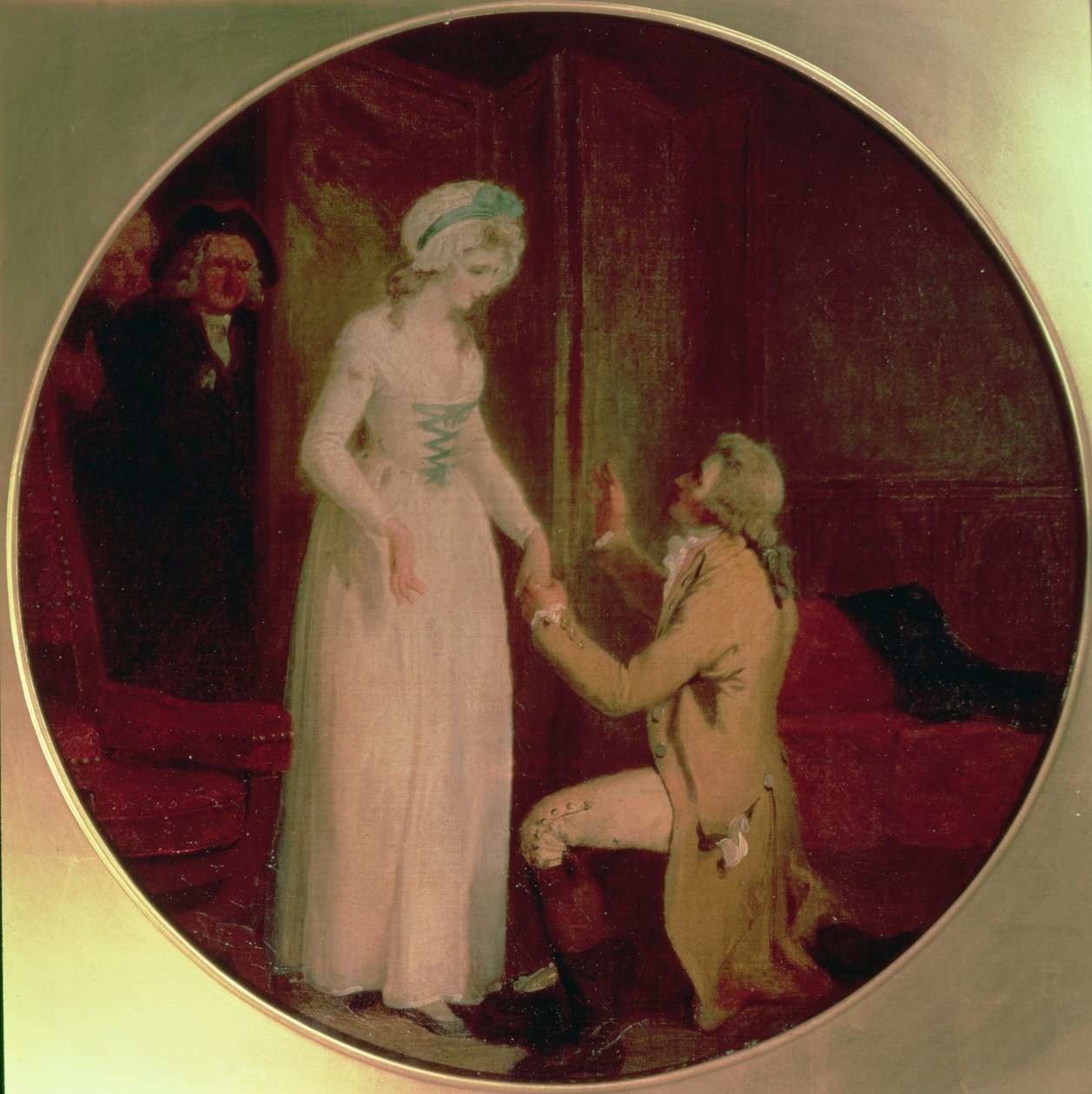 Nuori Marlow ja neiti Hardcastle, kohtaus Oliver Goldsmithin "She Stoops to Conquer" -elokuvasta, 1791 tekijältä Francis Wheatley