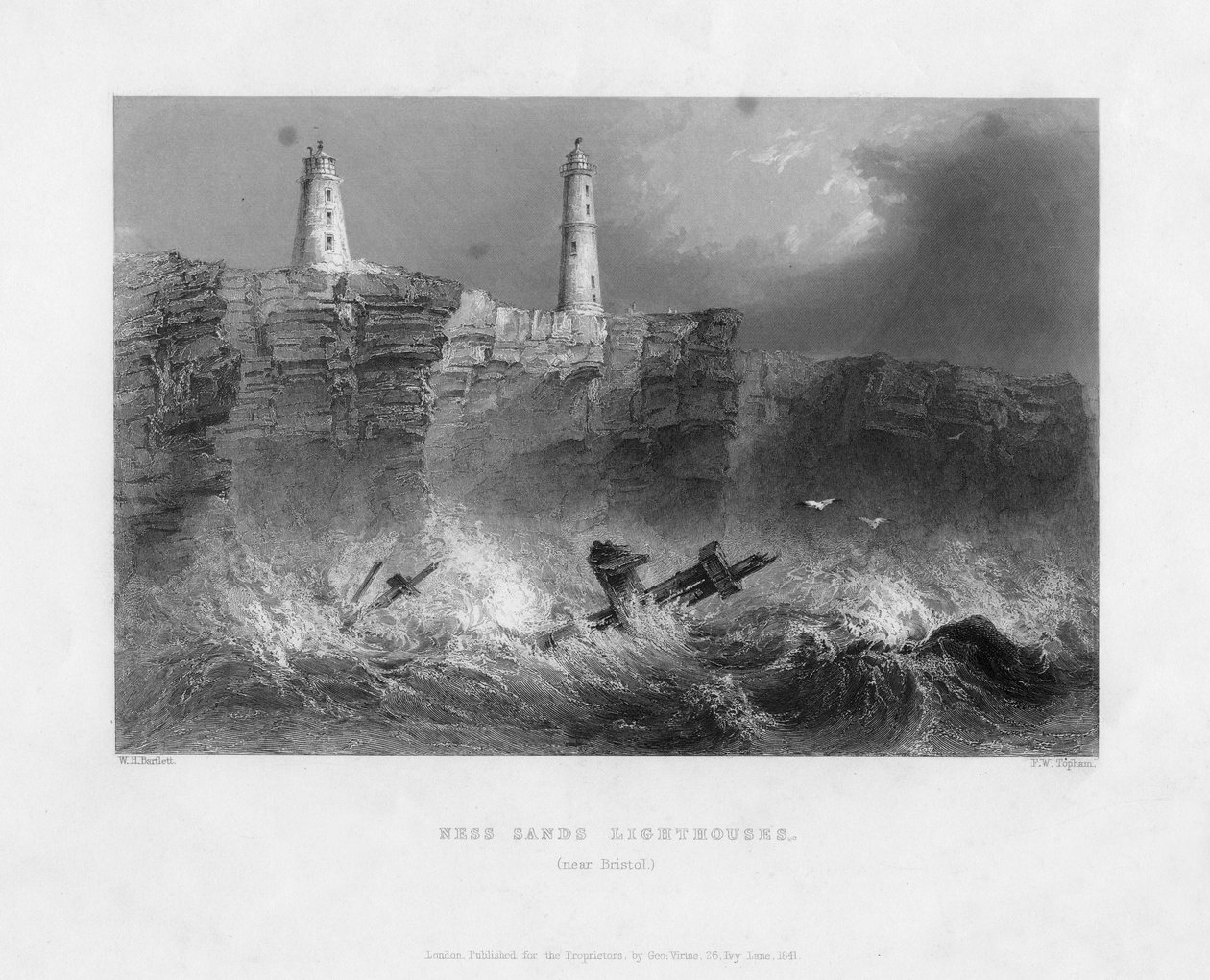 Ness Sands Lighthouses, lähellä Bristolia, Gloucestershire, 1841 tekijältä Francis William Topham
