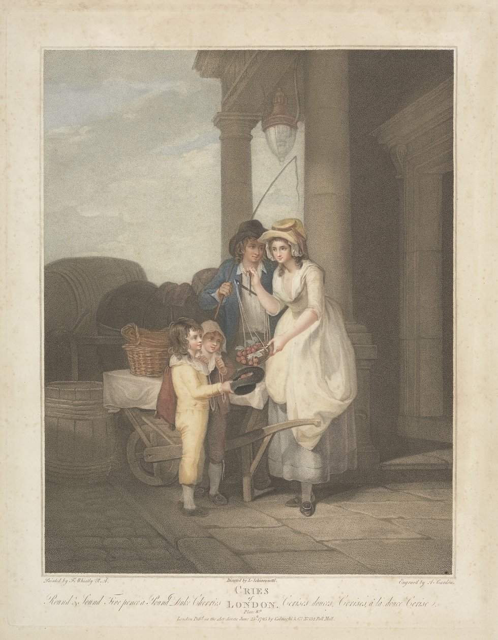 Cries of London: Round and Sound, Five Pence a Pound, Duke Cherries, kaiverrus Anthony Cardon (1772-1813) 1795 tekijältä Francis after Wheatley