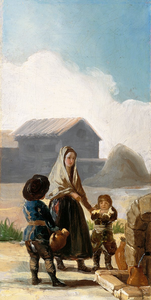 Nainen ja kaksi lasta suihkulähteen vieressä tekijältä Francisco de Goya