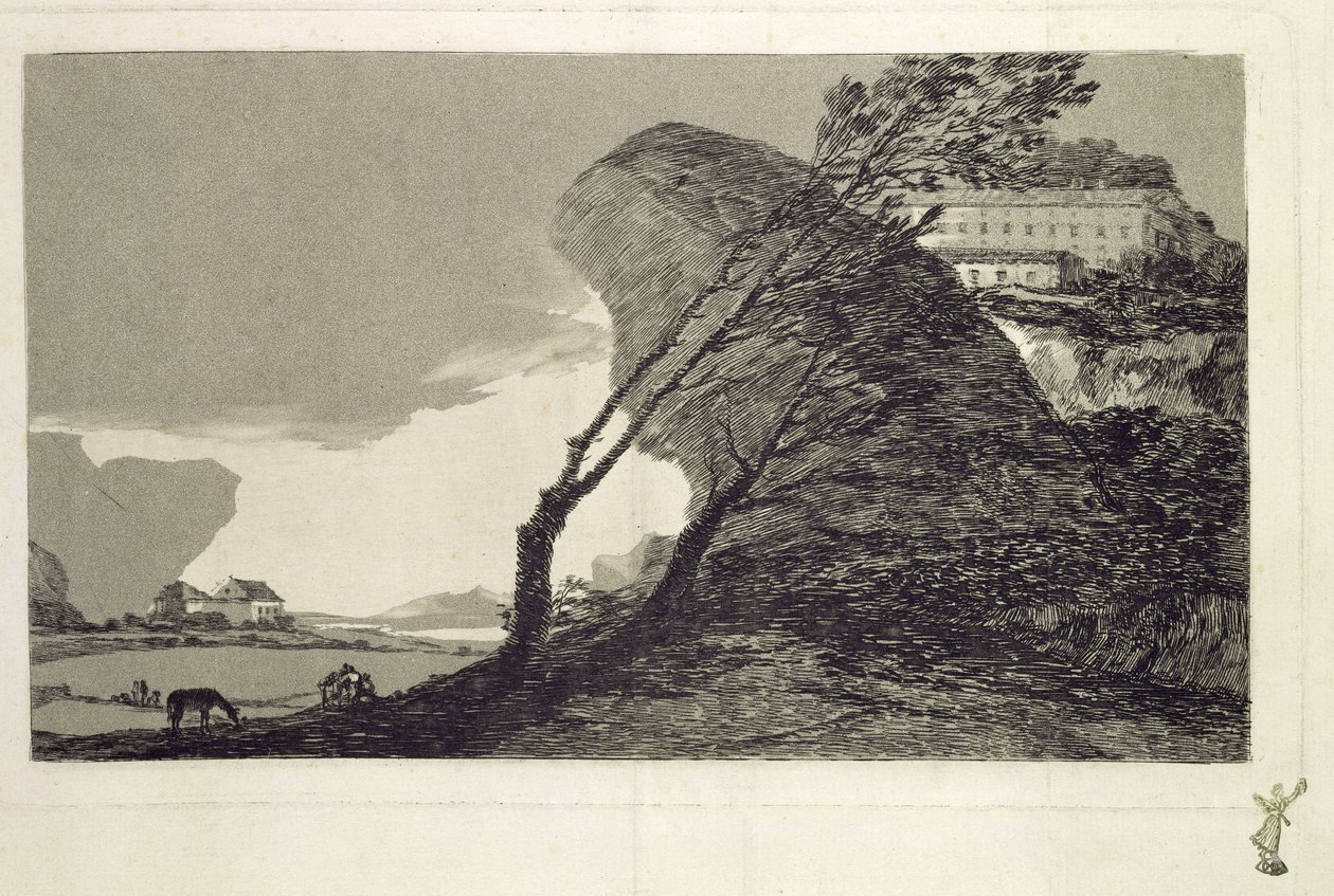 Maisema suurilla kivillä, rakennuksilla ja puilla, ennen vuotta 1810 (etsaus ja akvatinta) tekijältä Francisco de Goya