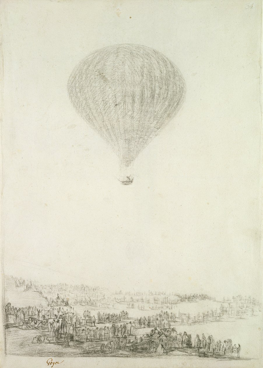 Montgolfier Brothers, n. 1800-08 (musta liitu paperille) tekijältä Francisco de Goya