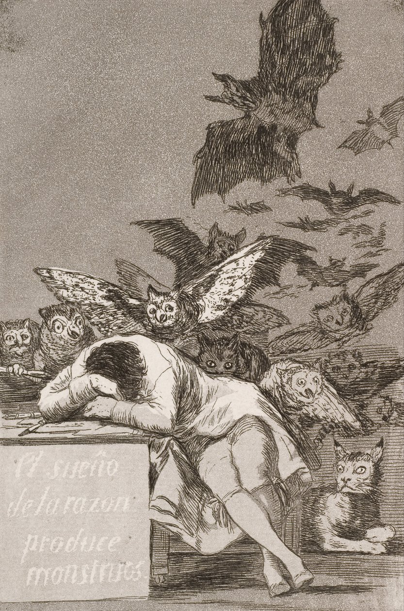 Järjen uni tuottaa hirviöitä (nro 43) Los Caprichosista tekijältä Francisco de Goya