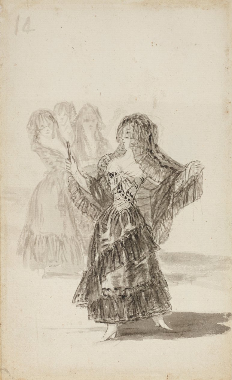 Kaksi Majas Embracing (recto); Maja Parading ennen kolmea muuta (jae) tekijältä Francisco de Goya