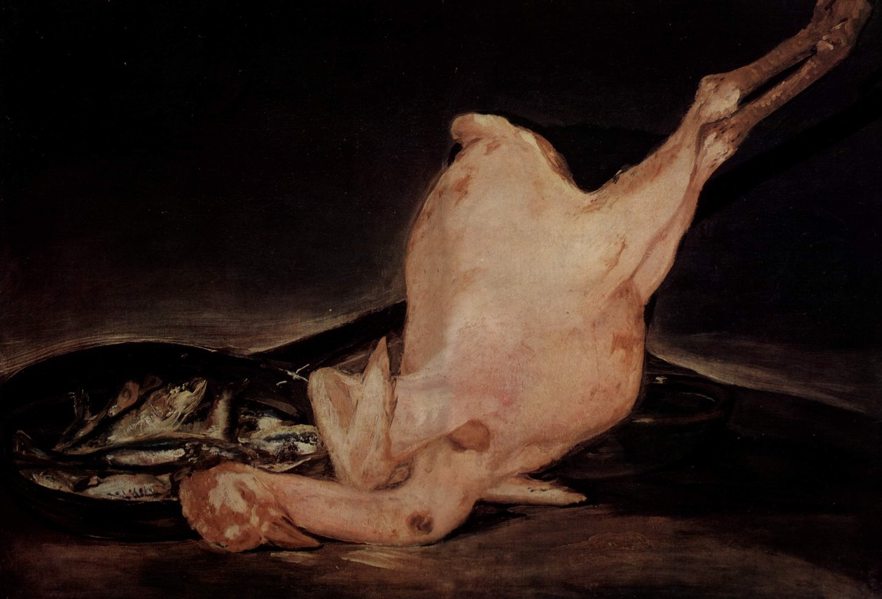 Stilleben, Gerupfter Truthahn und Pfanne mit Fischen tekijältä Francisco de Goya