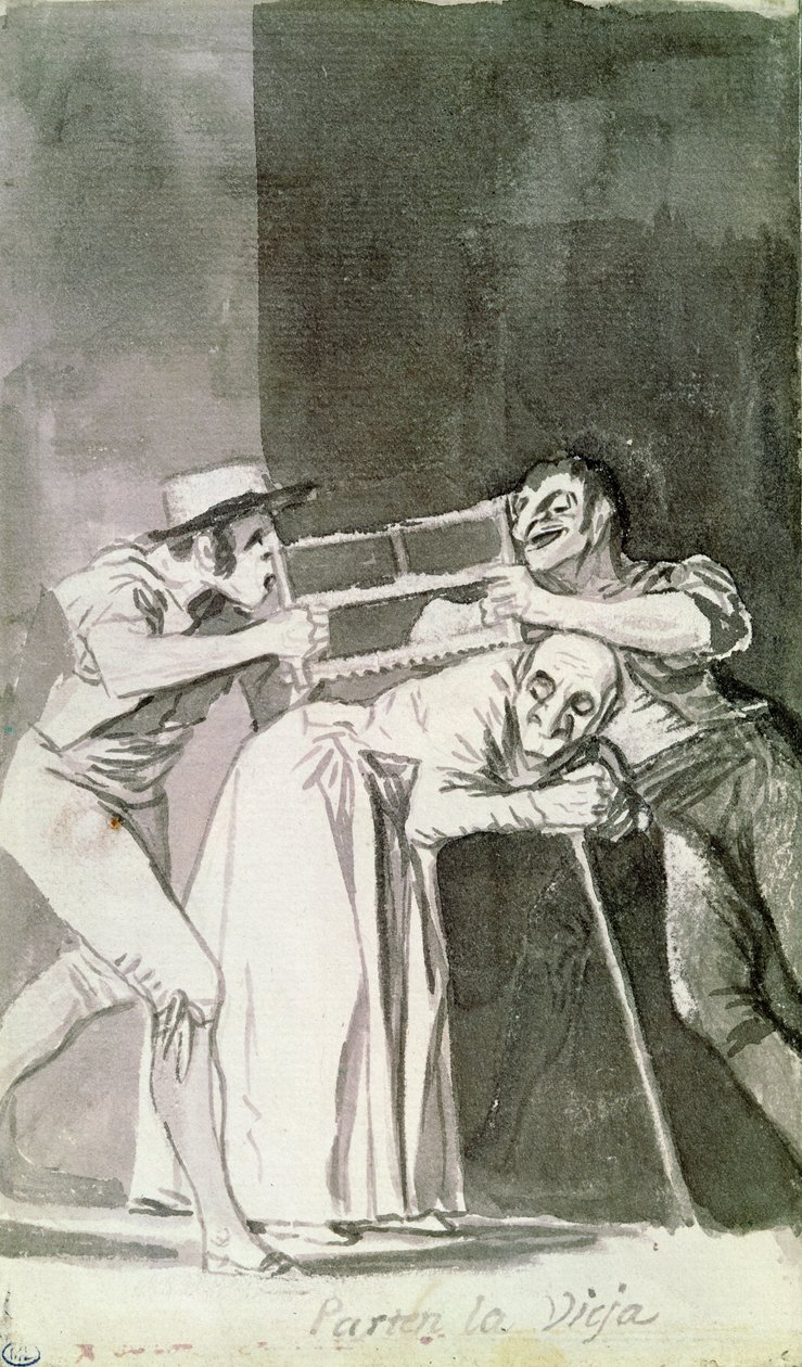 Leikkaa vanha (Parten la vieja), noin 1810 (seepia wash) tekijältä Francisco de Goya