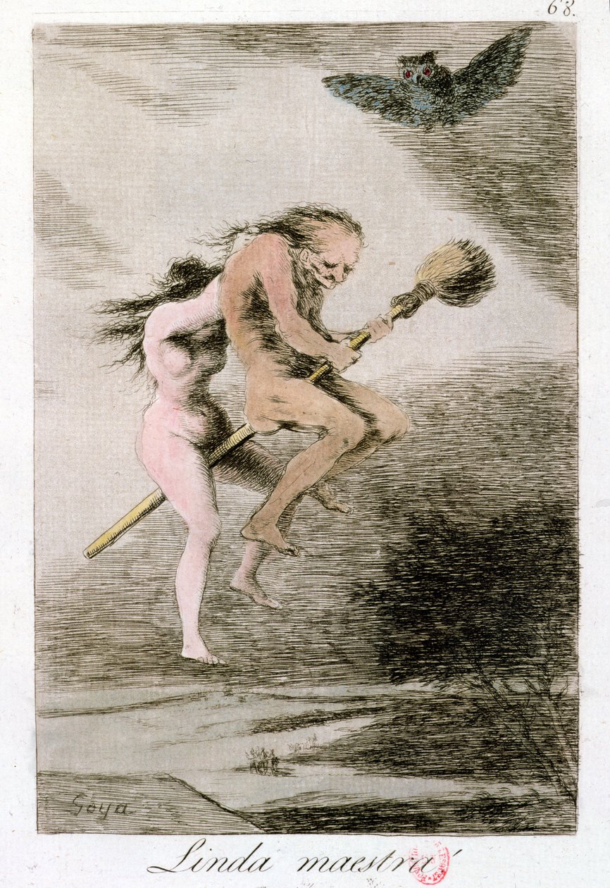 Linda Maestra (Kaunis opettaja), "Los Caprichos" -levy 68, 1700-luvun loppu (värikaiverrus) tekijältä Francisco de Goya